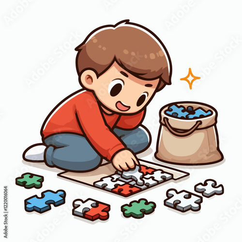 cute cartoon vector illustration of a person playing a puzzle
