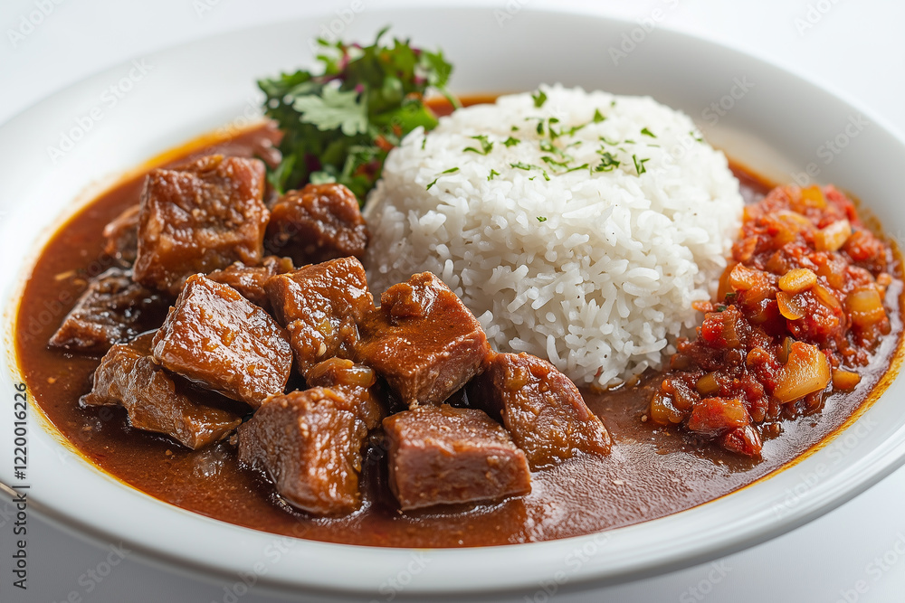 Savory Braised Meat Cubes with Rice and Tomato Salsa Savory Braised Meat Cubes with Rice and Tomato Salsa