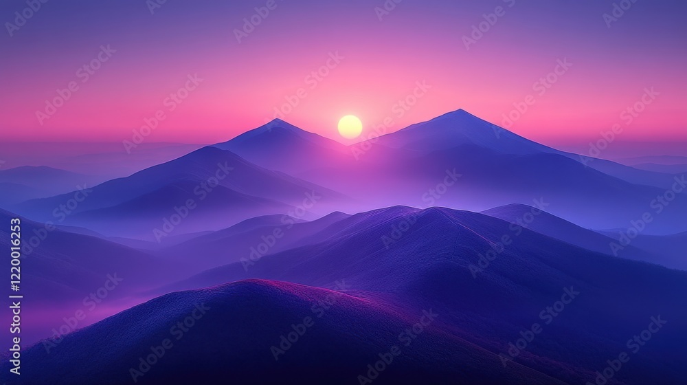 Fototapeta premium Serene Sunrise over Majestic Mountain Range - Photorealistic Landscape with Smooth Gradients