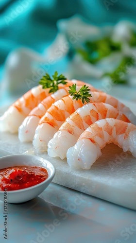 Deveined Shrimp Arranged in Spiral with Cocktail Sauce and Parsley photo