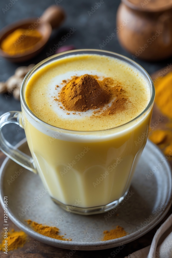 A warm cup of turmeric latte topped with spice, served on a plate. A warm cup of turmeric latte topped with spice, served on a plate.