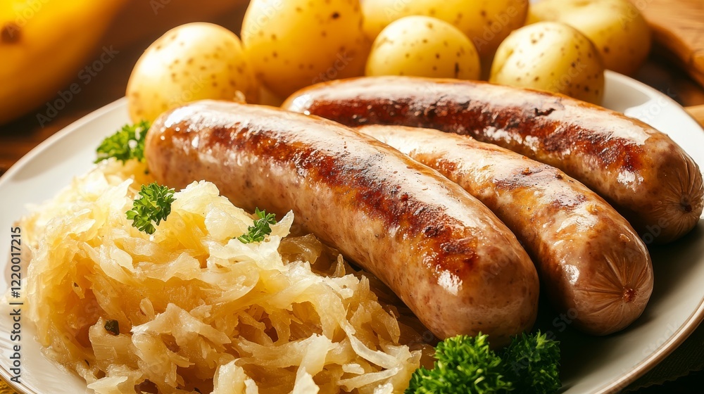 Traditional German bratwurst with sauerkraut and potatoes. Featuring a hearty and savory dish. Highlighting the texture and flavors of the bratwurst. Ideal for food and cultural themes. Traditional German bratwurst with sauerkraut and potatoes. Featuring a hearty and savory dish. Highlighting the texture and flavors of the bratwurst. Ideal for food and cultural themes.