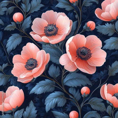 Wallpaper Mural Floral Pattern Art Nouveau Pink Flowers Dark Green Leaves Navy Background Torontodigital.ca