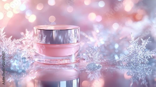 Luxurious Pink Face Cream in Clear Jar with Silver Lid Surrounded by Snowflake Decor photo