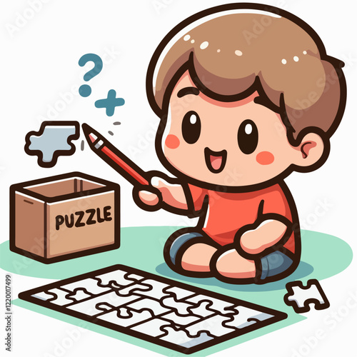 cute cartoon vector illustration of a person playing a puzzle
