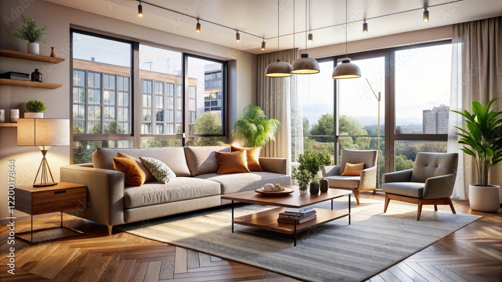 Stunning 3D Rendered Interior Design: Modern Apartment Living Room Visualization Stunning 3D Rendered Interior Design: Modern Apartment Living Room Visualization