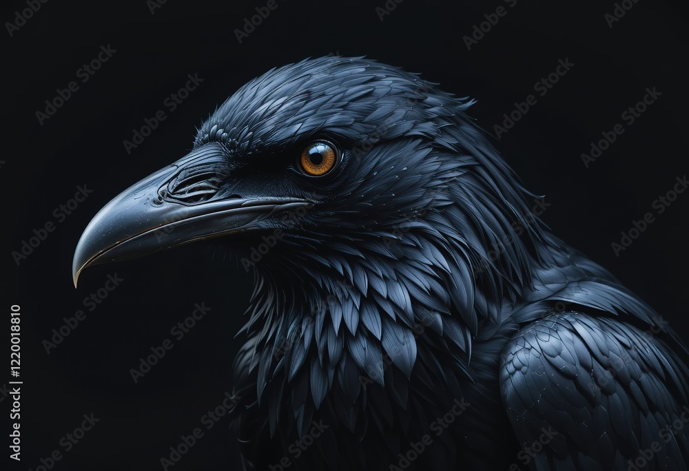 A close-up profile shot of a raven, showcasing its dark feathers, intense gaze, and powerful beak against a black background. A close-up profile shot of a raven, showcasing its dark feathers, intense gaze, and powerful beak against a black background.