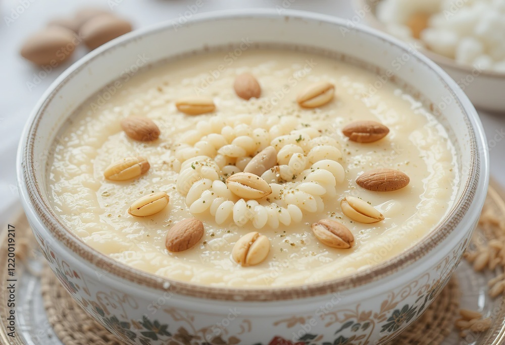 A creamy, light-colored soup garnished with almonds and small pasta pieces served in an ornate bowl. A creamy, light-colored soup garnished with almonds and small pasta pieces served in an ornate bowl.