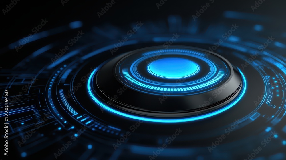 Vivid blue button on black background, a modern and minimalist design element Vivid blue button on black background, a modern and minimalist design element