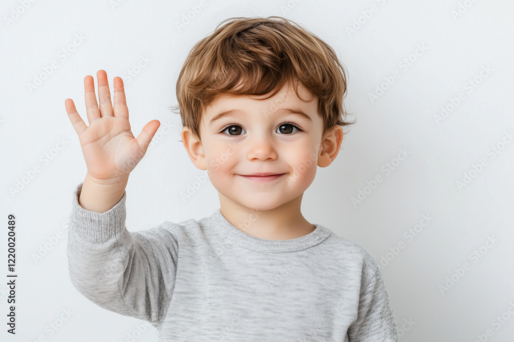 Little boy with light brown hair, wearing a cozy gray sweater, raising his hand in a friendly wave while smiling warmly against a clean white background Little boy with light brown hair, wearing a cozy gray sweater, raising his hand in a friendly wave while smiling warmly against a clean white background