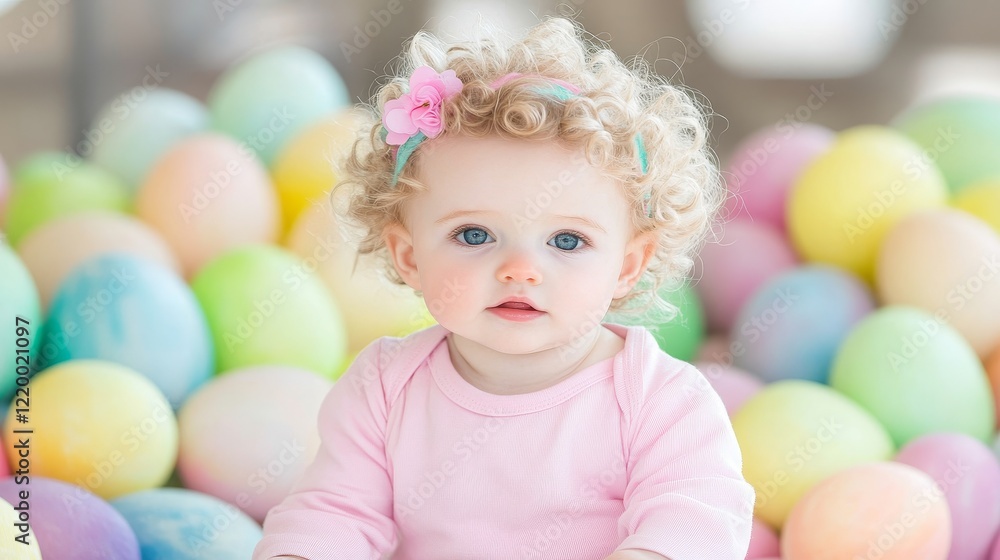 Adorable Baby Girl Amidst Pastel Easter Eggs Adorable Baby Girl Amidst Pastel Easter Eggs