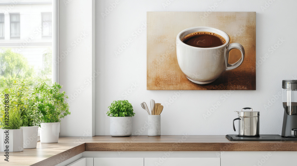 Obraz premium Coffee Canvas in Kitchen: A still life of a steaming cup of coffee painted on a canvas, hanging in a contemporary kitchen, capturing the warmth and comfort of a simple yet essential beverage. 