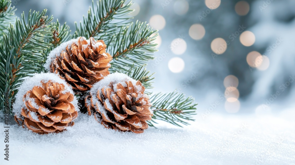 Obraz premium Snowy pine cones, winter branch, bokeh lights, holiday card