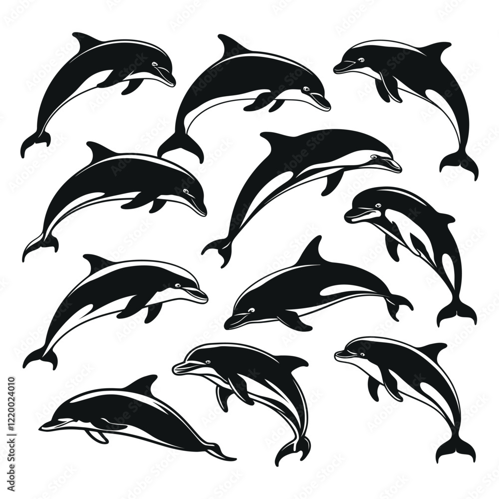 Fototapeta premium Unique Collection Set of Dolphin Silhouettes with white background