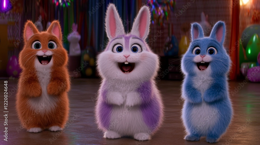 Adorable Fluffy Bunnies and Kitten Posing Joyfully