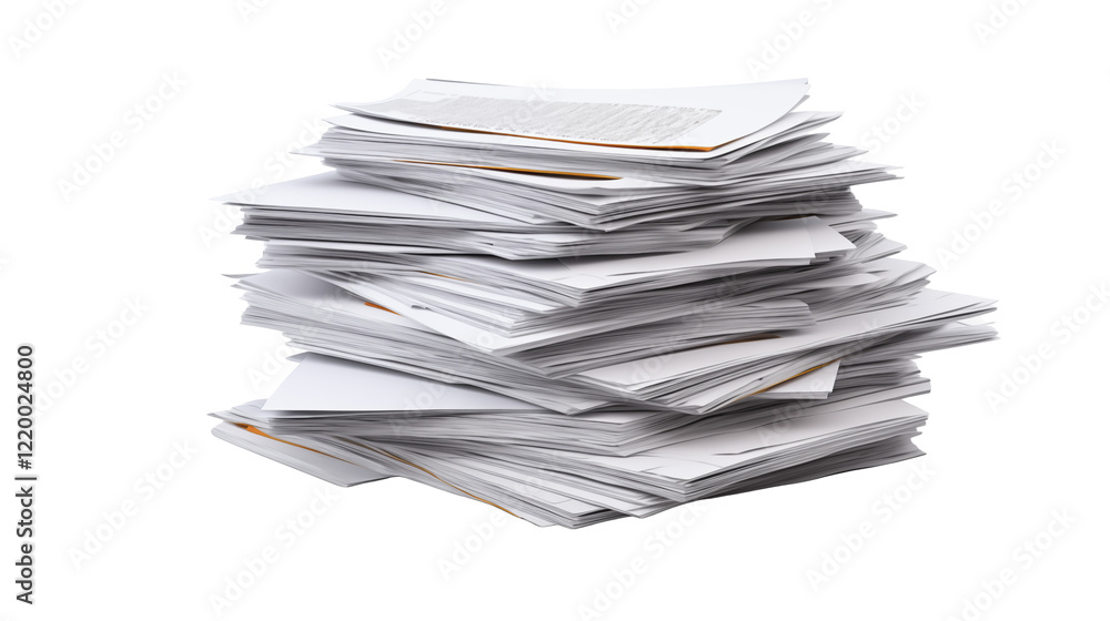 High stack of papers documents on a transparent background High stack of papers documents on a transparent background