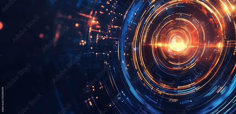Fototapeta premium Abstract Digital Interface: An abstract and futuristic digital interface, radiating an ethereal glow, features concentric rings of light and data streams.