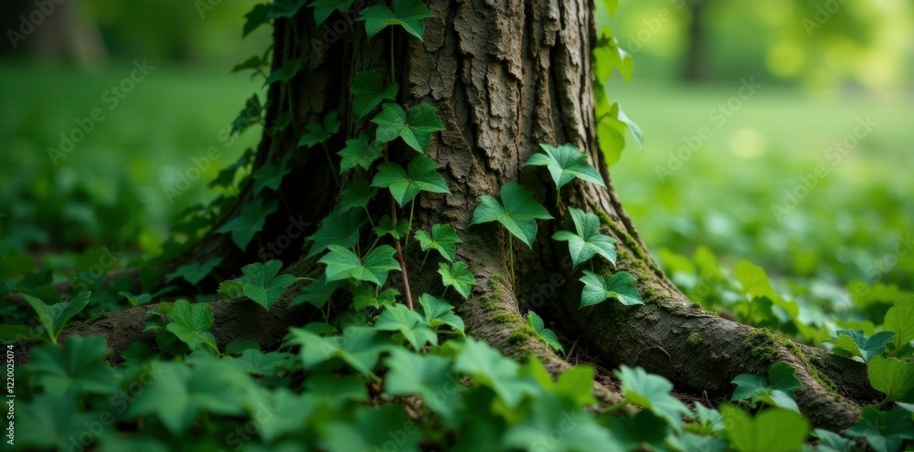 Obraz premium Dark brown tree trunk with lush green ivy vines, ivy, botanical