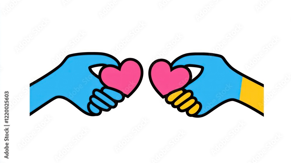 Vector icon of two hands holding a pink heart, against a white background. The design is simple, with flat colors and basic shapes. This is a 2D vector illustration depicting two people exchanging lov Vector icon of two hands holding a pink heart, against a white background. The design is simple, with flat colors and basic shapes. This is a 2D vector illustration depicting two people exchanging lov