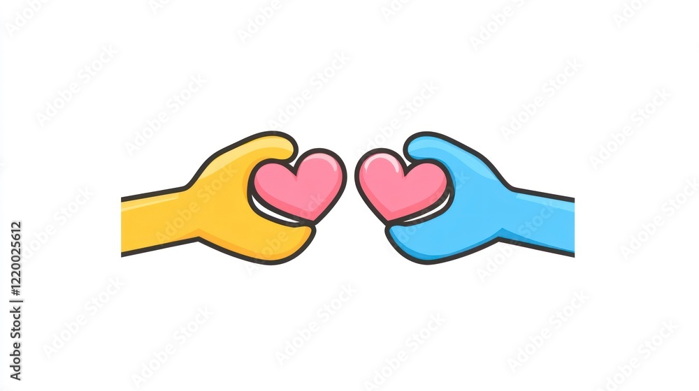 Vector icon of two hands holding a pink heart, against a white background. The design is simple, with flat colors and basic shapes. This is a 2D vector illustration depicting two people exchanging lov Vector icon of two hands holding a pink heart, against a white background. The design is simple, with flat colors and basic shapes. This is a 2D vector illustration depicting two people exchanging lov