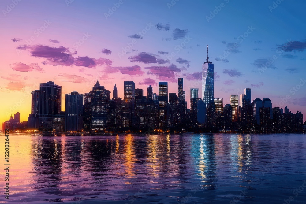 Twilight City Skyline Over the River with Skyscrapers and Vibrant Colors in Impressionism Style Twilight City Skyline Over the River with Skyscrapers and Vibrant Colors in Impressionism Style