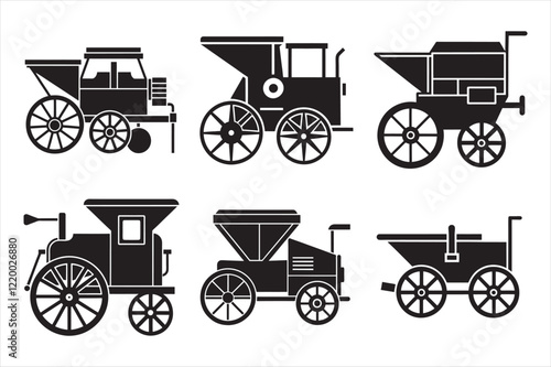 Set of Threshing machines silhouette vector icon illustration, machine, farming machine on white background.