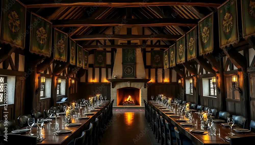Medieval Great Hall Banquet Setting with Fireplace Medieval Great Hall Banquet Setting with Fireplace