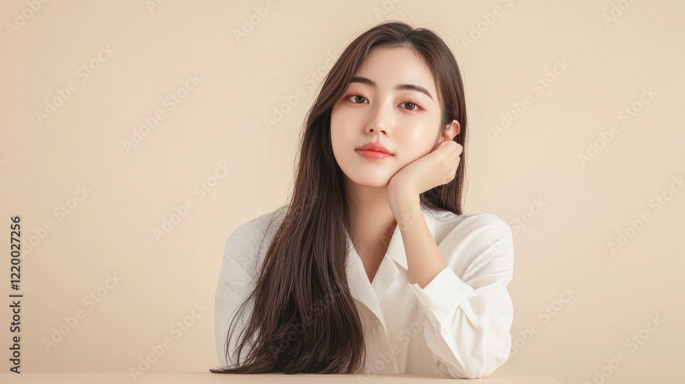 A beautiful Korean woman in her twenties with long hair, wearing white attire and sitting at an empty table against a beige background for a beauty product advertisement. A beautiful Korean woman in her twenties with long hair, wearing white attire and sitting at an empty table against a beige background for a beauty product advertisement.