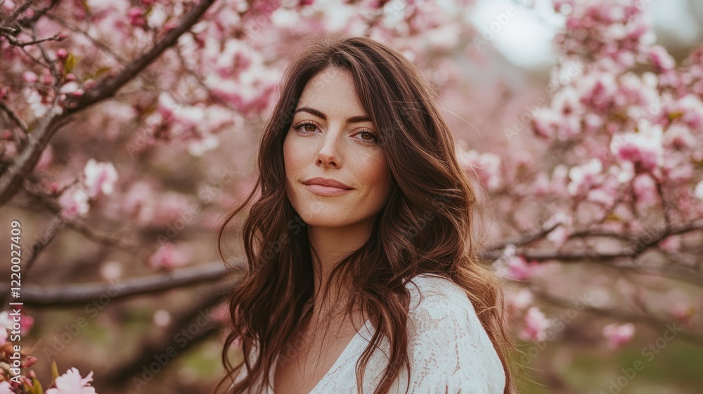 A beautiful woman with long brown hair stands in front of blooming peach trees, wearing white and smiling gently at the camera. A beautiful woman with long brown hair stands in front of blooming peach trees, wearing white and smiling gently at the camera.