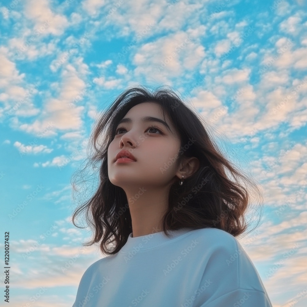 Young woman gazes thoughtfully at the serene atmospheric sky with soft feminine beauty Young woman gazes thoughtfully at the serene atmospheric sky with soft feminine beauty