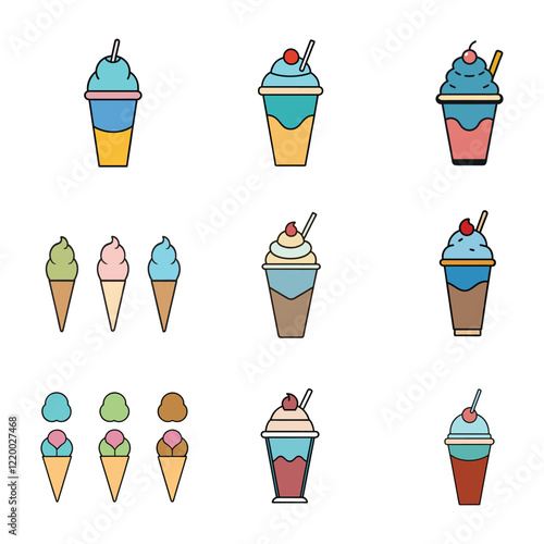 Set of Ice cream cones with straw blending cream vector icon illustration, cone, ice cream on white background.