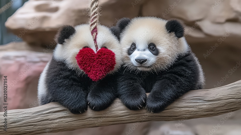 Fototapeta premium Adorable Panda Twins with Valentine's Heart