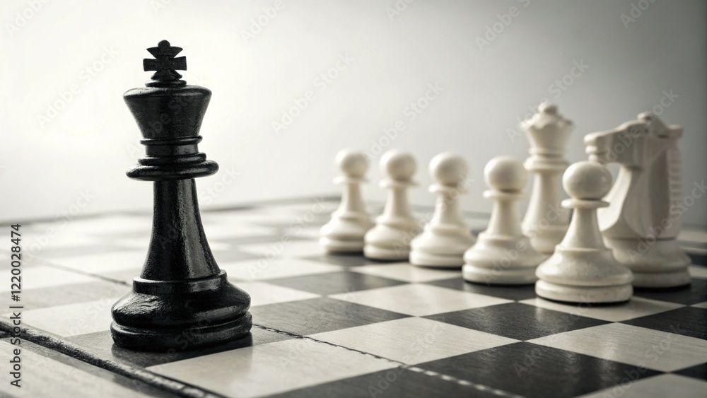 Black chess king positioned ahead of white pawns on symbolizing strategy and competition Black chess king positioned ahead of white pawns on symbolizing strategy and competition