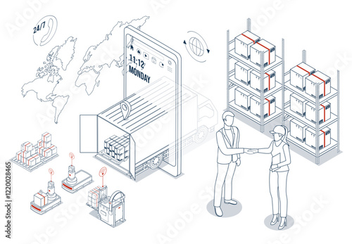 3D isometric logistics concept depicting truck delivery services, smart warehouse technologies with AGV robots, automated inventory systems, and business agreement symbolized by people shaking hands.