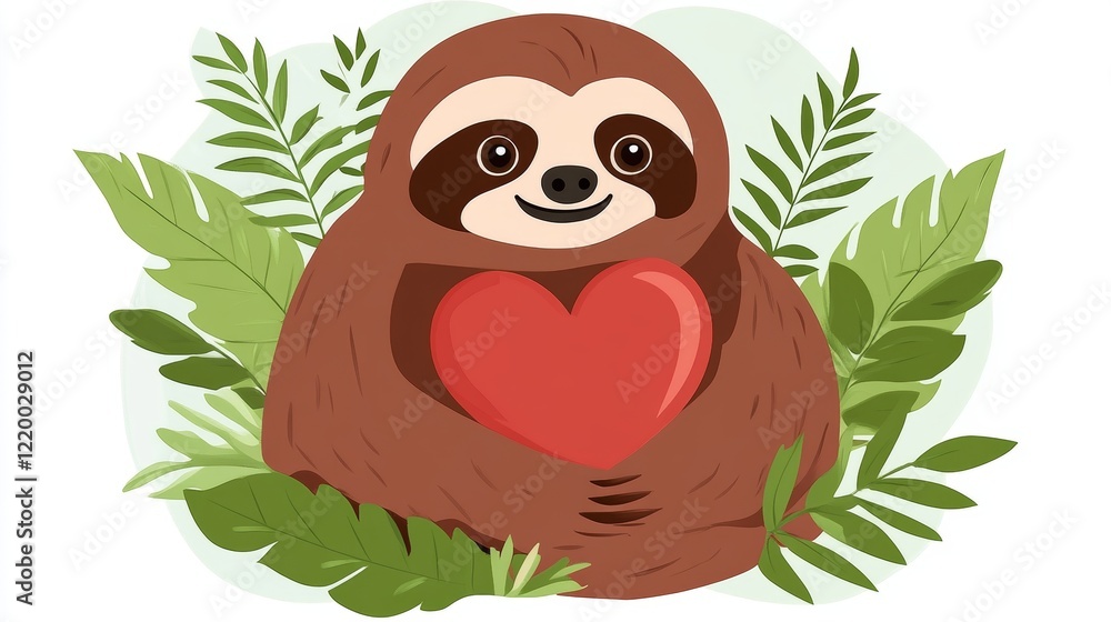 Obraz premium Adorable Sloth Holding Heart, Tropical Foliage Background