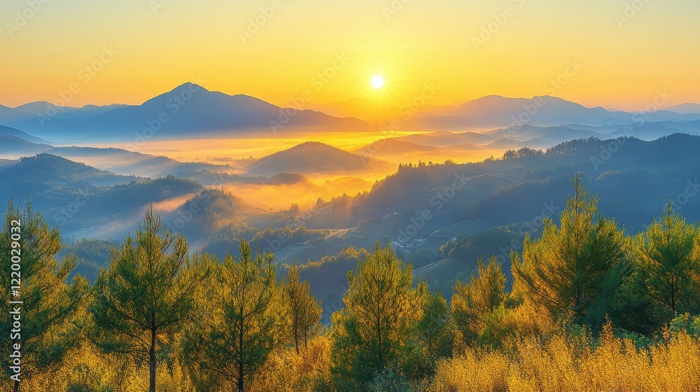 Fototapeta premium Ethereal Sunrise Over Majestic Mountain Range - Abstract Artistic Interpretation