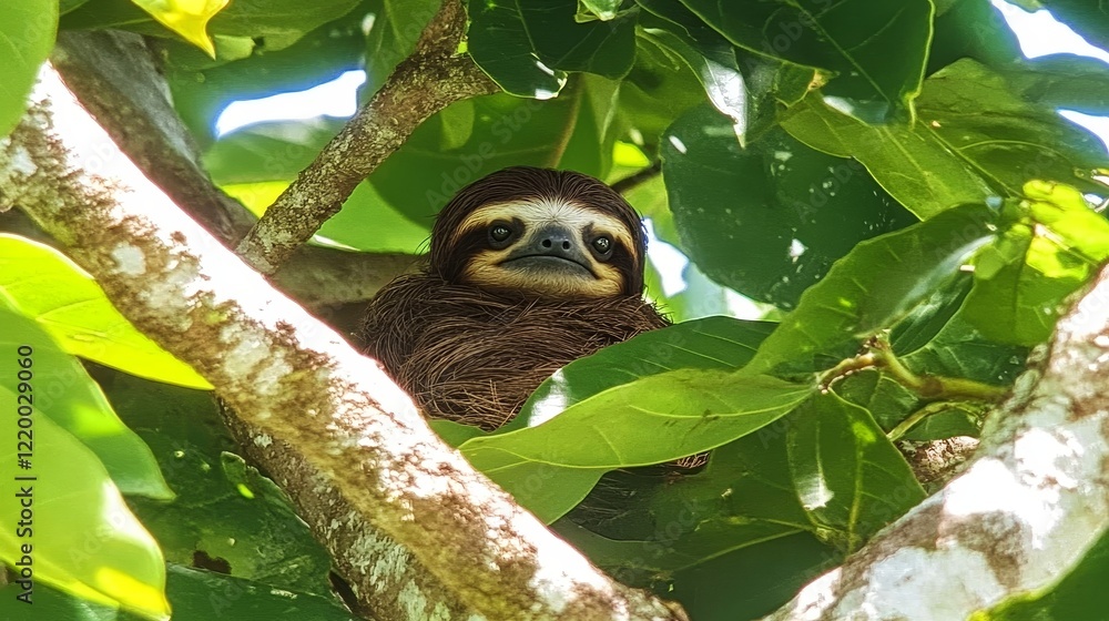 Naklejka premium Adorable Sloth Nestled in Lush Green Canopy