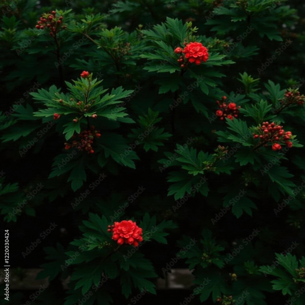Moody dark green foliage with red blooming shrubs, botanical, horticulture, nature Moody dark green foliage with red blooming shrubs, botanical, horticulture, nature