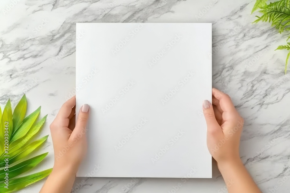 Female hands holding blank paper on a white marble background for creative design and mockup use Female hands holding blank paper on a white marble background for creative design and mockup use