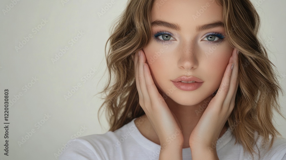 A portrait of an attractive woman with wavy brown hair, wearing a white t-shirt and holding her hands on her face, posing for a professional photo shoot in a studio. She has blue eyeshadow makeup. A portrait of an attractive woman with wavy brown hair, wearing a white t-shirt and holding her hands on her face, posing for a professional photo shoot in a studio. She has blue eyeshadow makeup.
