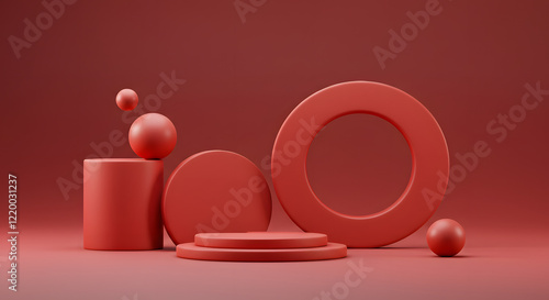 Red Geometric Shapes 3D Render Product Display Background