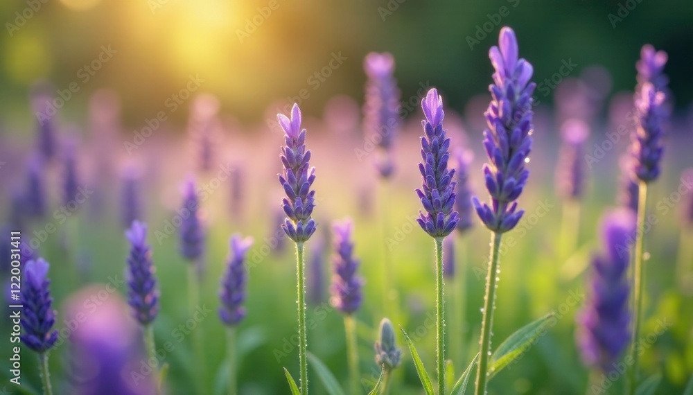 Fototapeta premium Morning dew glistens on lavender stalks in a lush meadow, freshness, nature photography, purple flowers