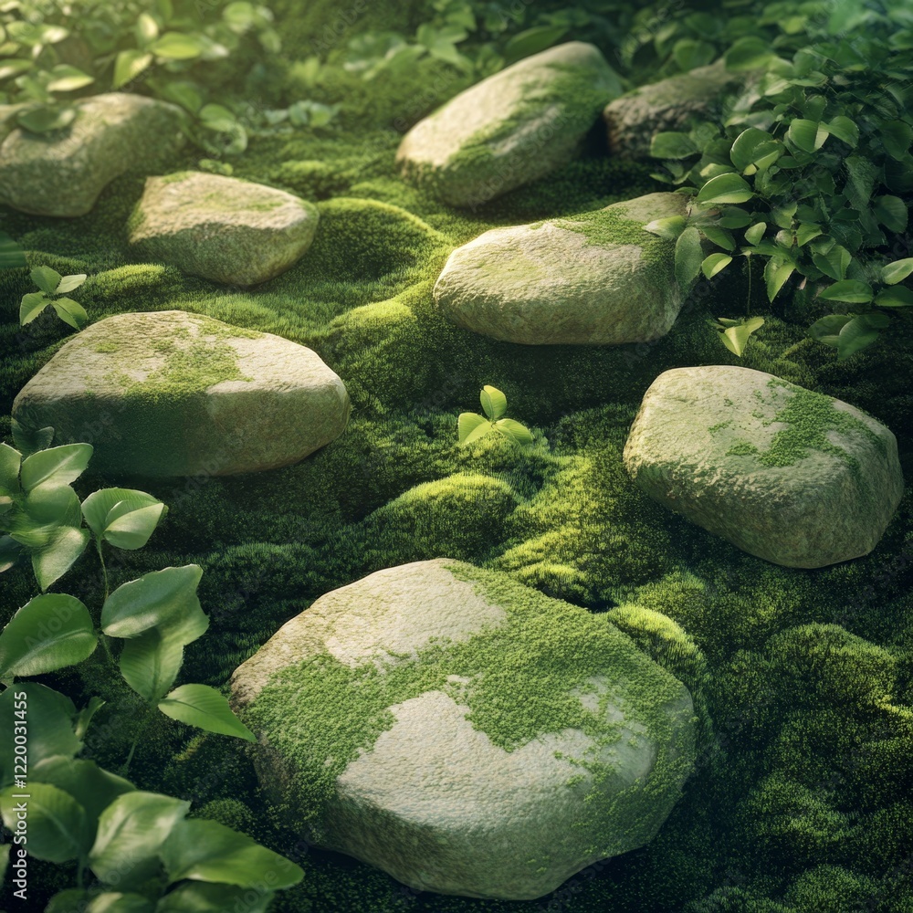 Tranquil Scene of Moss Covered Stones Surrounded by Green Foliage Tranquil Scene of Moss Covered Stones Surrounded by Green Foliage