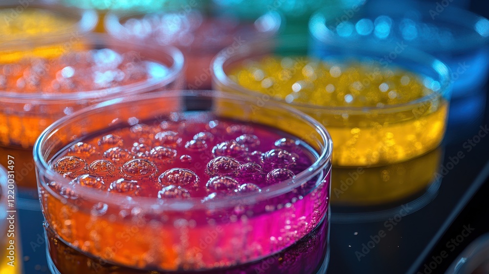 Vibrant Colorful Liquids in Petri Dishes: A Close-Up View of Science Vibrant Colorful Liquids in Petri Dishes: A Close-Up View of Science