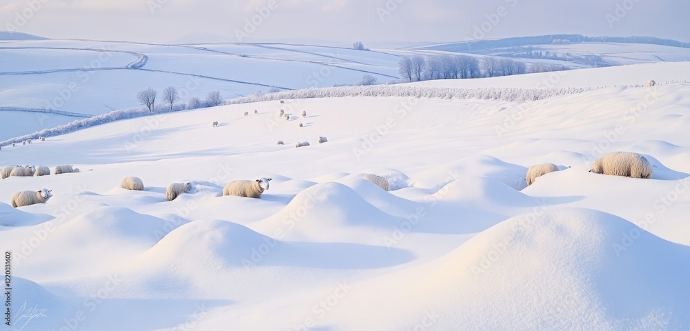 A flock of sheep scattered across a snowy landscape, each surrounded by gentle drifts of snow. The peaceful winter scene stretches across fields and hills, bathed in soft, cold light. A flock of sheep scattered across a snowy landscape, each surrounded by gentle drifts of snow. The peaceful winter scene stretches across fields and hills, bathed in soft, cold light.