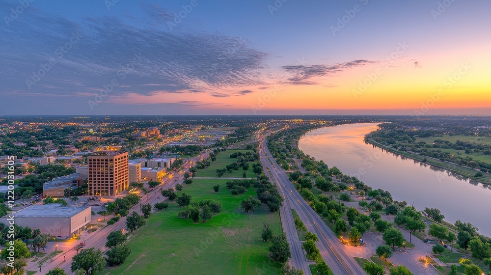Fototapeta premium Aerial View of Cityscape at Sunset with River