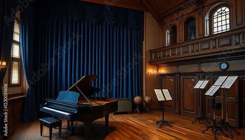 Grand Piano in Elegant Room with Blue Curtains photo