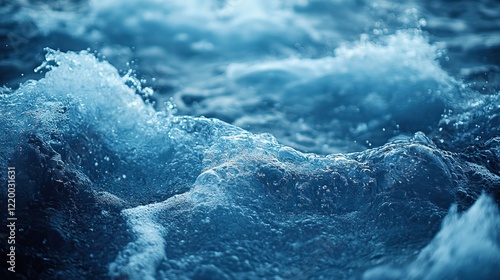 Blurred transparent blue water surface with splashes, trendy abstract nature background with copy space.