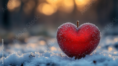 Romantic valentine's day postcard with heart in snowy background, vibrant and colorful design, hyper-realistic high-resolution photography