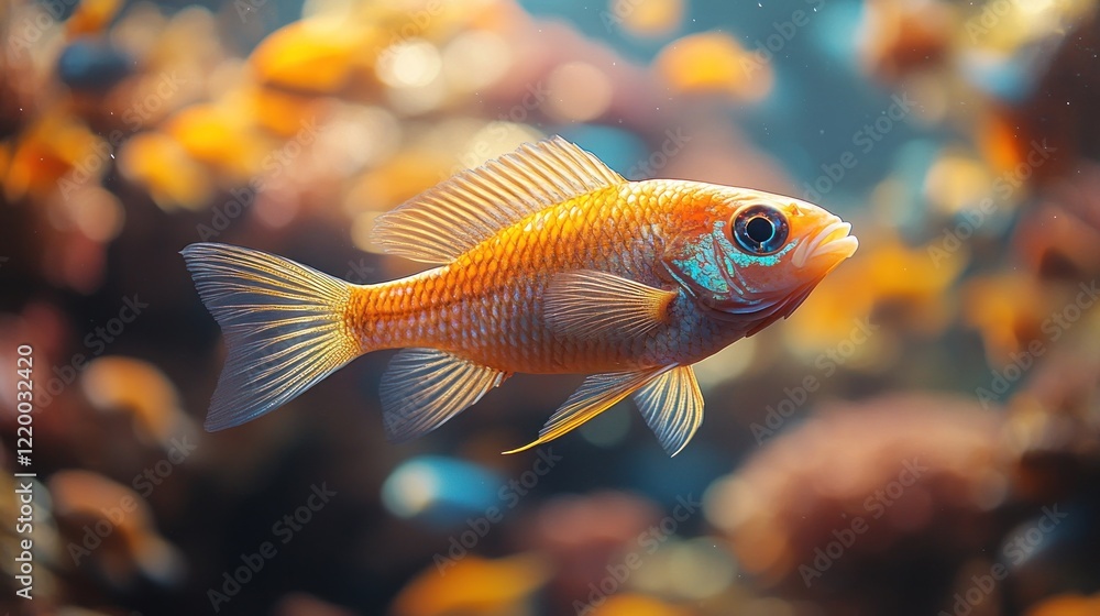 Orange fish swims aquarium coral background, poster Orange fish swims aquarium coral background, poster